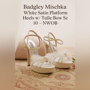 Badgley Mischka White Satin Platform Heels w/ Tulle Bow Sz 10 – NWOB